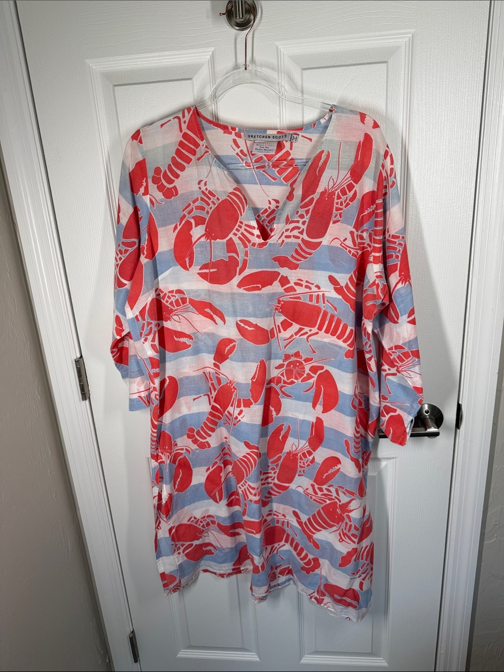 Gretchen Scott cotton tunic swim coverup lobster print blue and red
